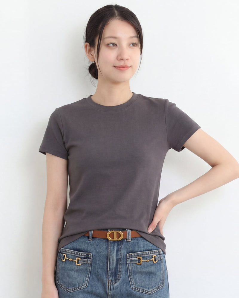 ウエストすっきり見え ラウンドネック 半袖Tシャツ