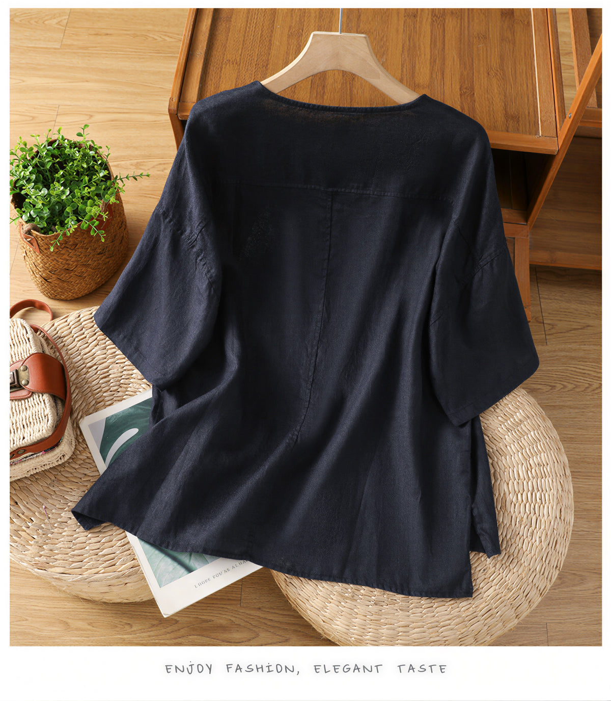 【全3色】M~2XL 刺繍デザイン ゆったり クルーネックTシャツ