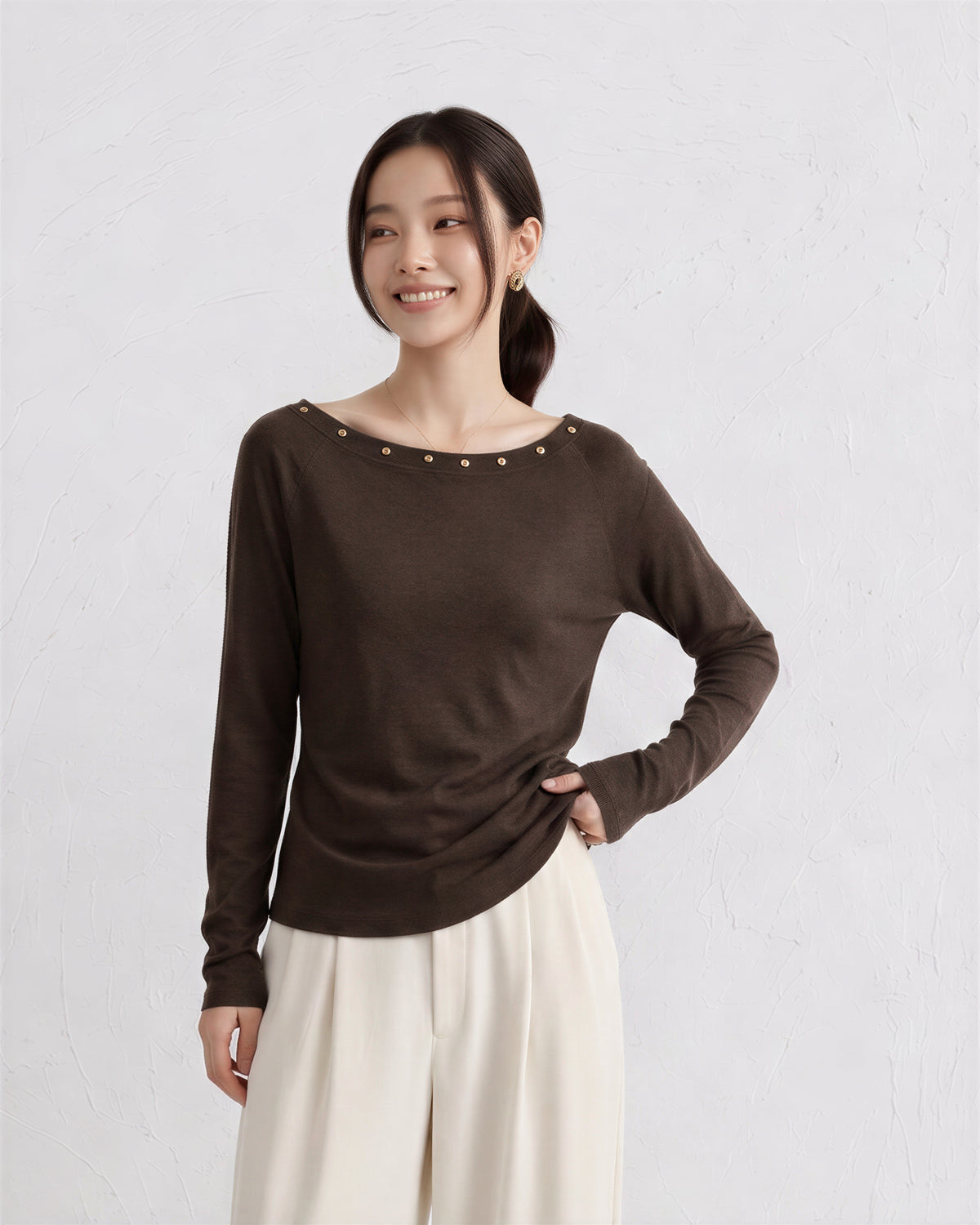 M~4XL ビーズ付きボートネック スリムTシャツ