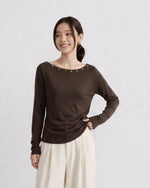 M~4XL ビーズ付きボートネック スリムTシャツ