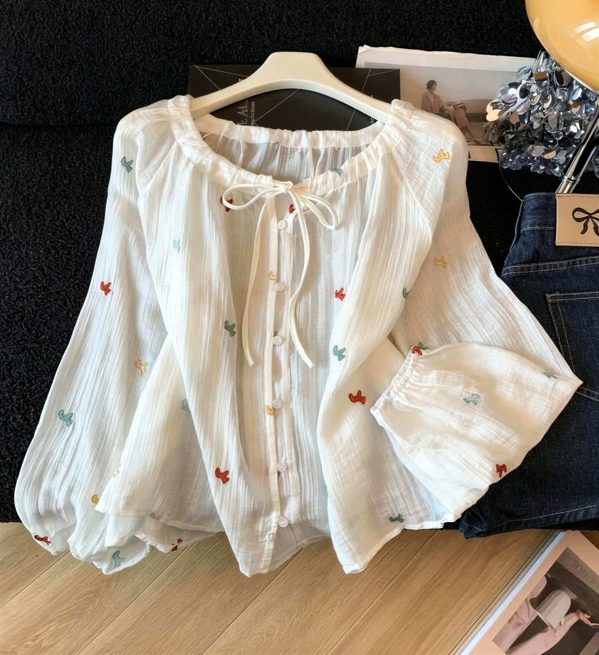 S~XL フリル襟リボン刺繍ブラウス