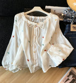 S~XL フリル襟リボン刺繍ブラウス