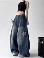 S-3XL ヴィンテージウォッシュ スターパッチ デニムパンツ