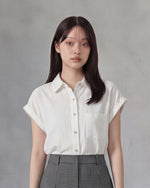 襟付きフロントボタン ロールアップ袖 ゆったり半袖シャツ-ホワイト-XL