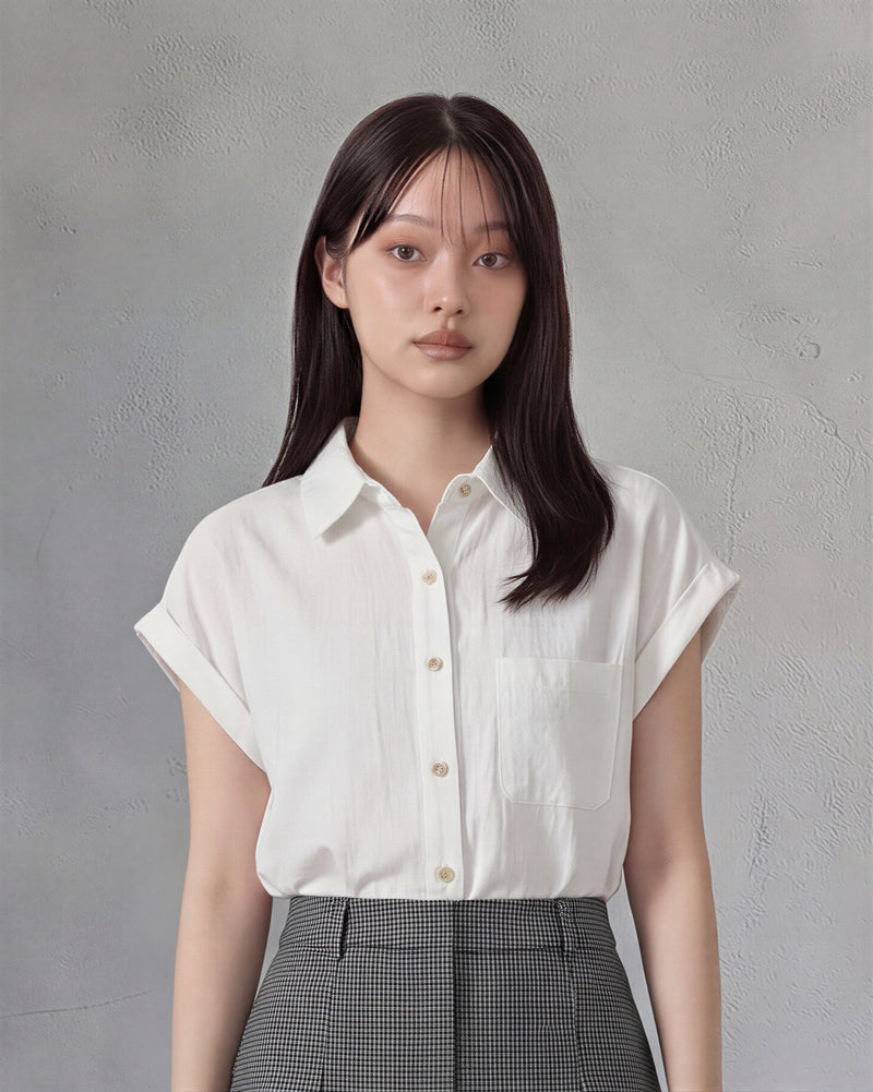 襟付きフロントボタン ロールアップ袖 ゆったり半袖シャツ-ホワイト-XL