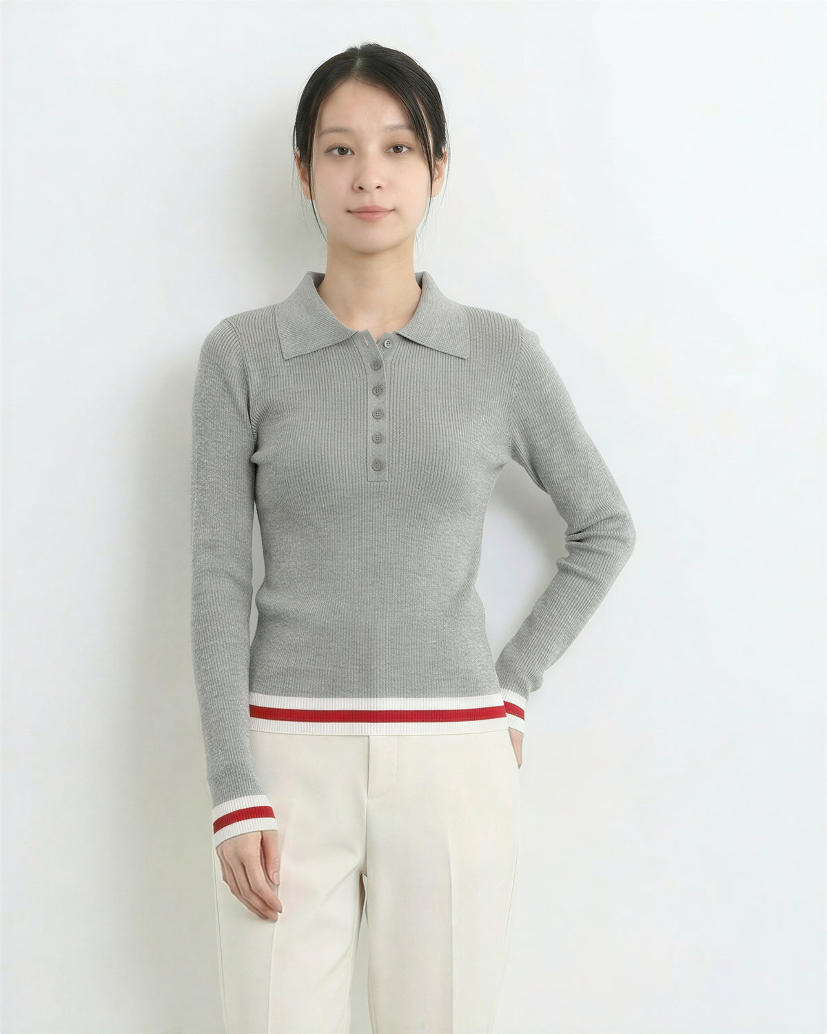 襟付き 前ボタン すっきりフィット 配色ボーダー ニットトップス