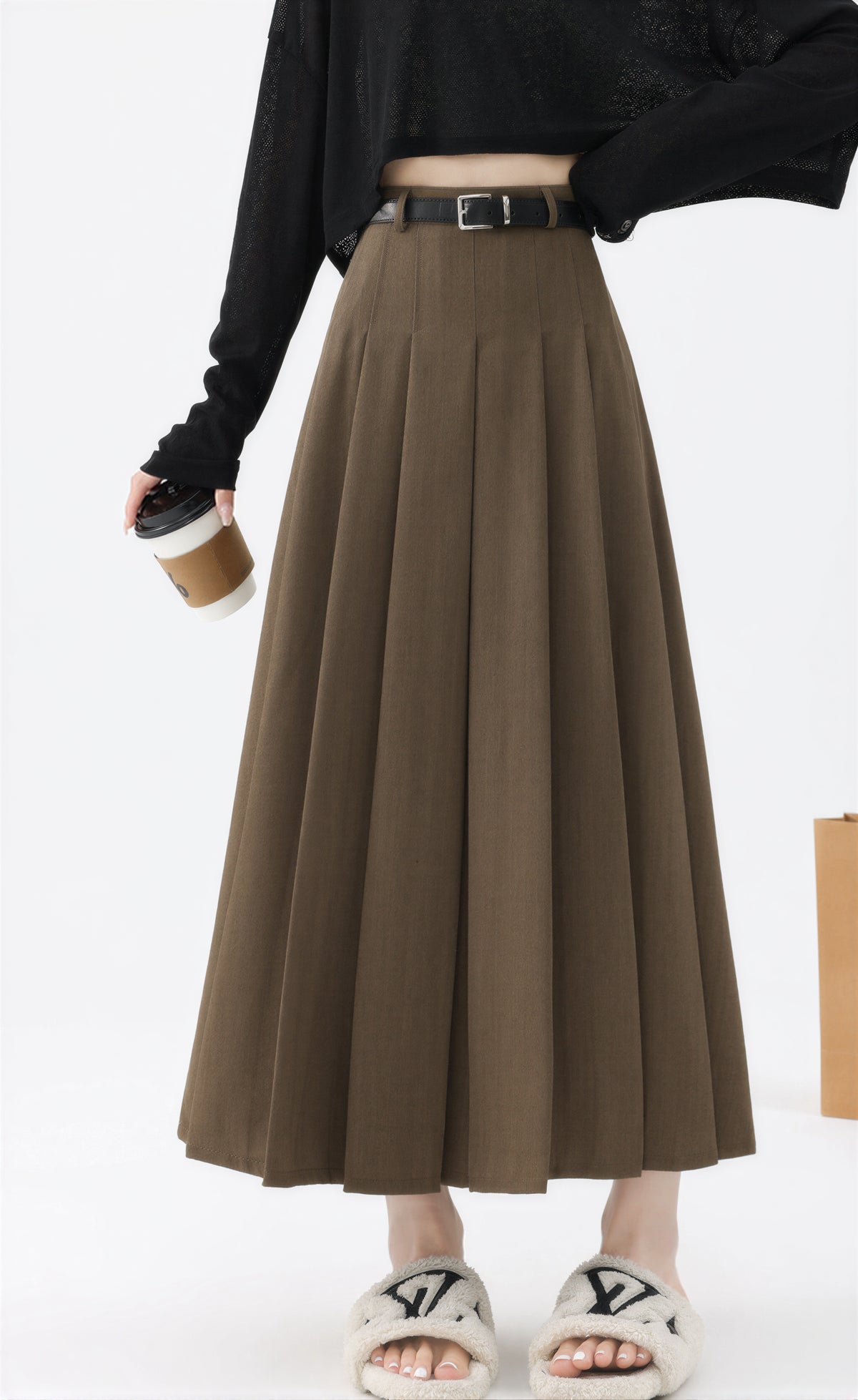 ハイウエスト細見えロングプリーツスカート