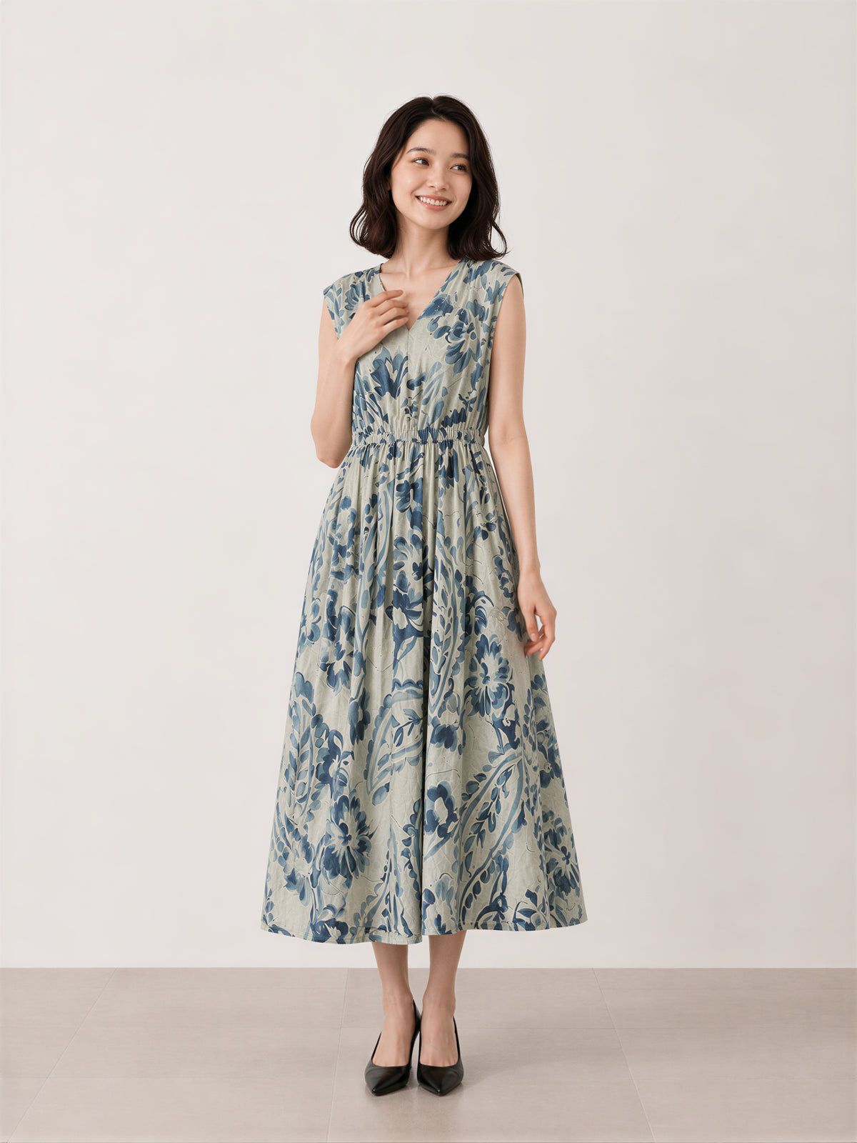 M~2XL ブループリント Vネック ウエストマークワンピース