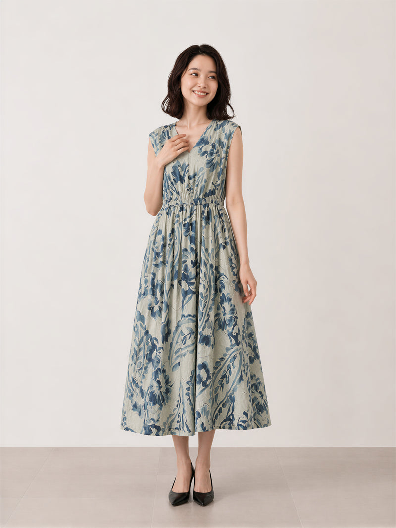 M~2XL ブループリント Vネック ウエストマークワンピース