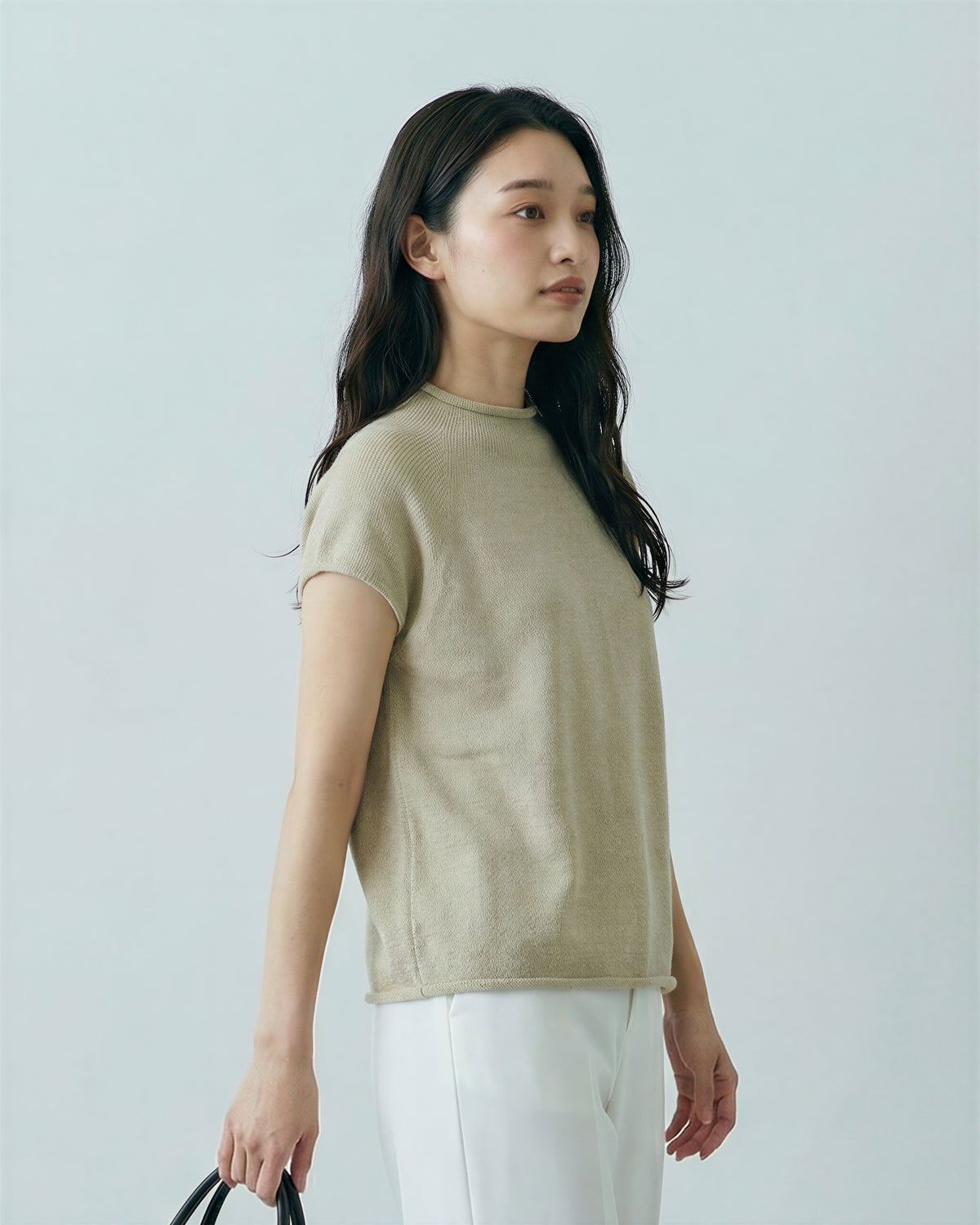 スタンドカラー 切りっぱなし風 半袖Tシャツ