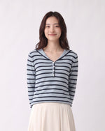 ボーダー スリムフィット Vネック ニットTシャツ-ブルー-L