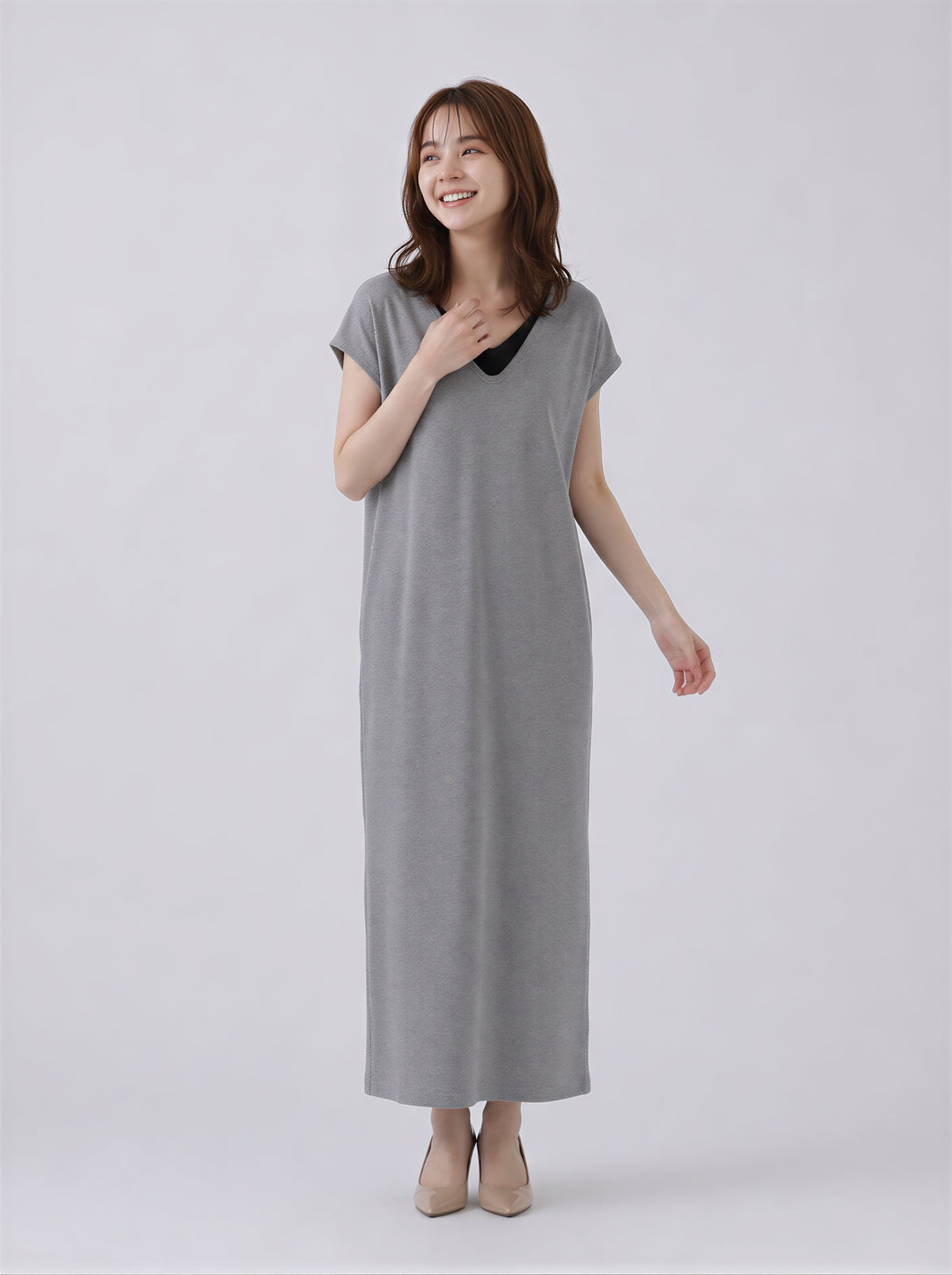 【全2色】M~2XL レイヤードVネック ストレート ロングワンピース