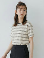 配色クルーネック ジャカードボーダーTシャツ
