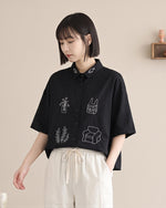 遊び心のある線画ルーズ半袖シャツ-ブラック-2XL