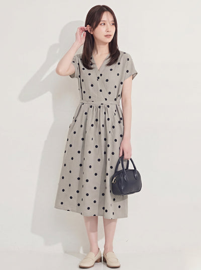 シルバーグレー カシュクールVネック ウエストマーク ドットワンピース