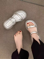 ヒール高さ 4cm | ラウンドトゥ 厚底 配色デザイン レディース 厚底ワンベルトスリッパサンダル