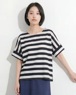 ブラック 太ボーダー ゆったり ドロップショルダーTシャツ-ブラック-2XL