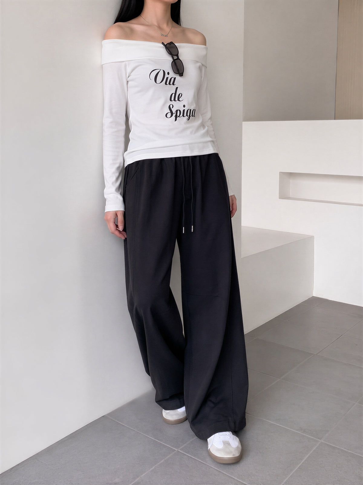 【全4色】M~XL ハイウエスト ドローストリング 裾だまりワイドパンツ