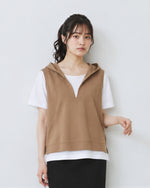 M~3XL フード付きVネック スリット入りフェイクレイヤードTシャツ