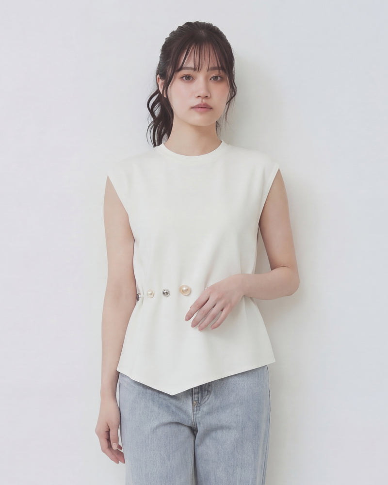 ショルダーパッド入り ノースリーブ ウエストシェイプボタン アシンメトリーヘムTシャツ