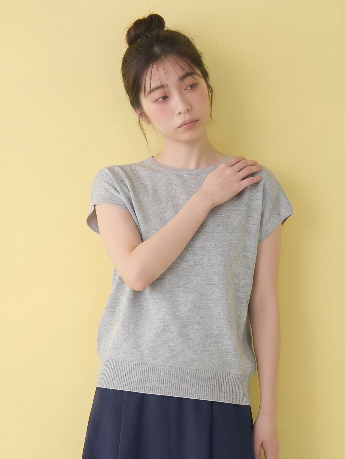 小さめラウンドネック ラメ調ジャカード ドルマンスリーブ ニット半袖Tシャツ