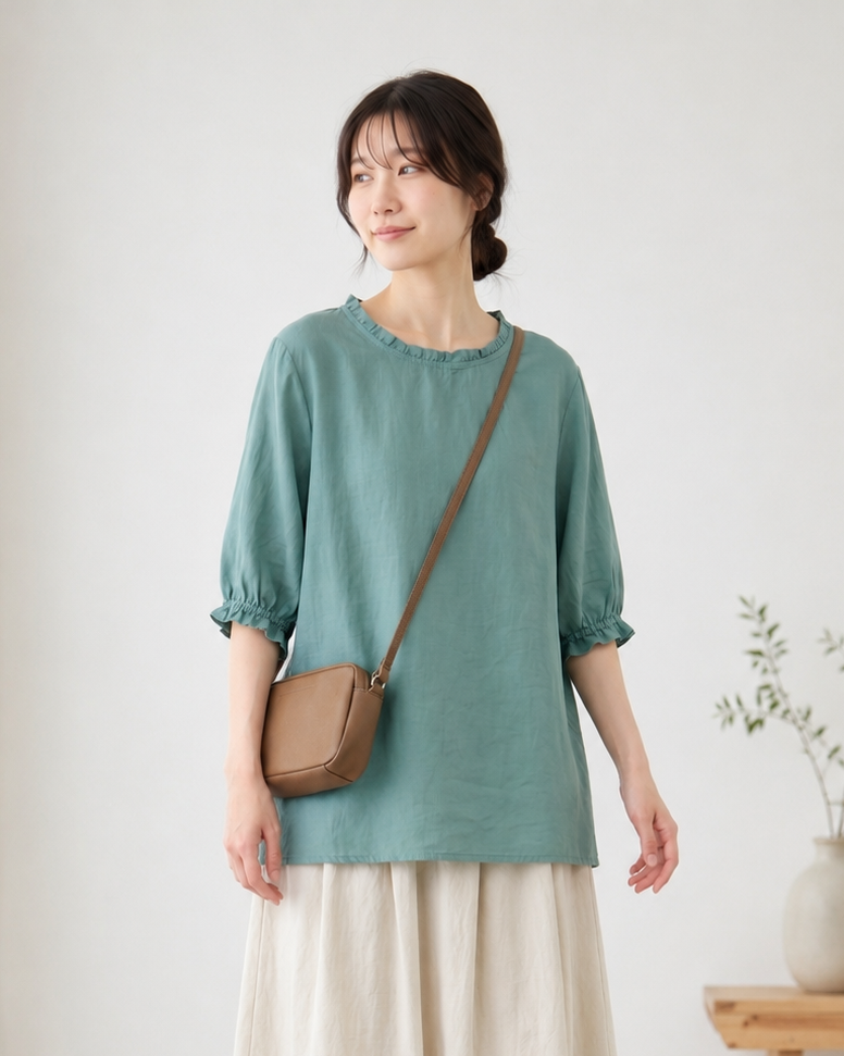 メローフリル襟 ラウンドネック ゆったりTシャツ