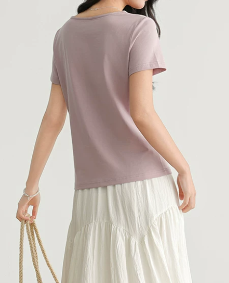 カットワークレースVネック 半袖ストレートTシャツ