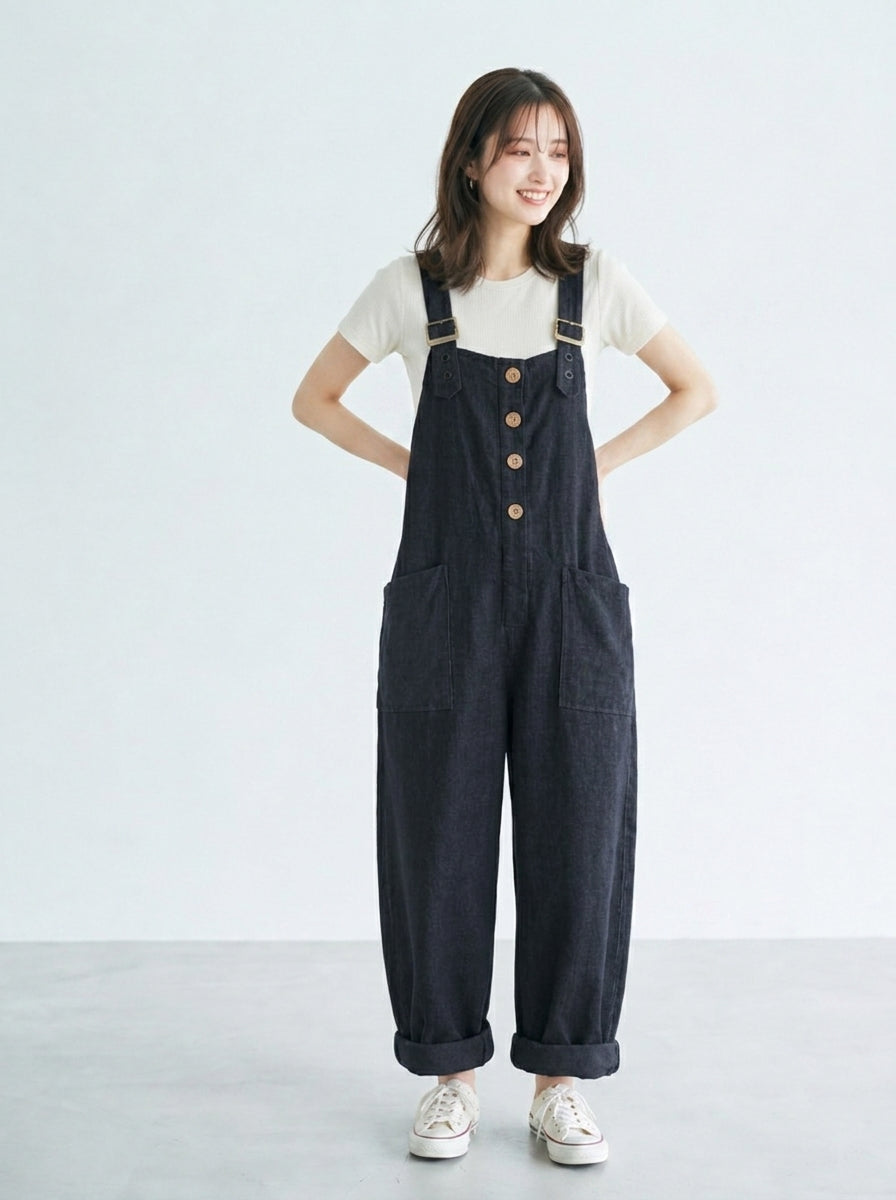 【全2色】S~3XL ゆったりストレート ビッグポケット サロペット