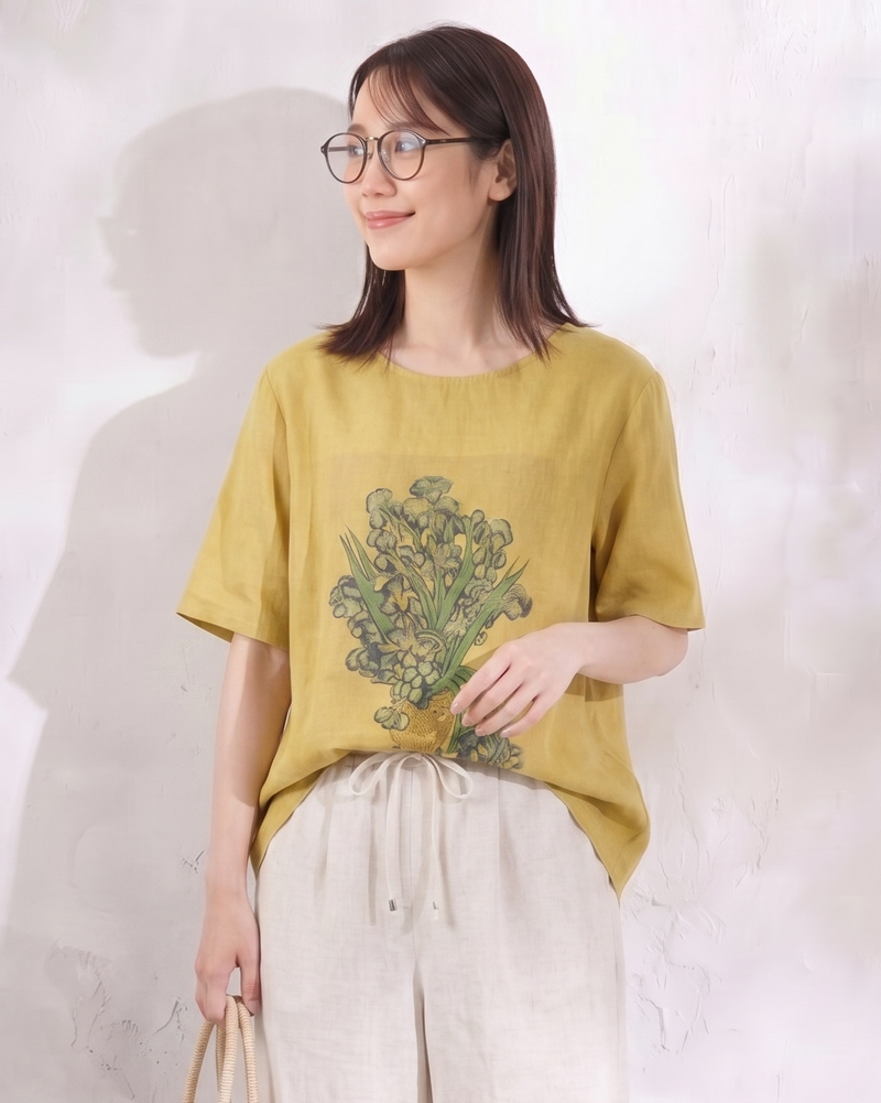 ゆったりカジュアルクルーネックフラワープリント半袖Tシャツ