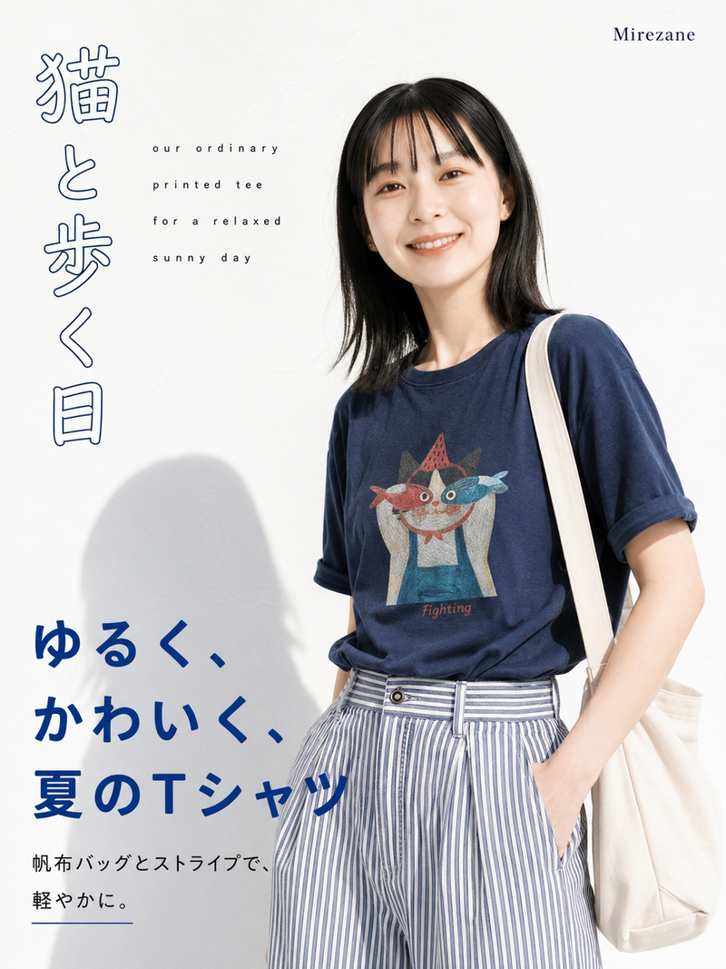 ゆったりドロップショルダー 遊び心プリント半袖Tシャツ