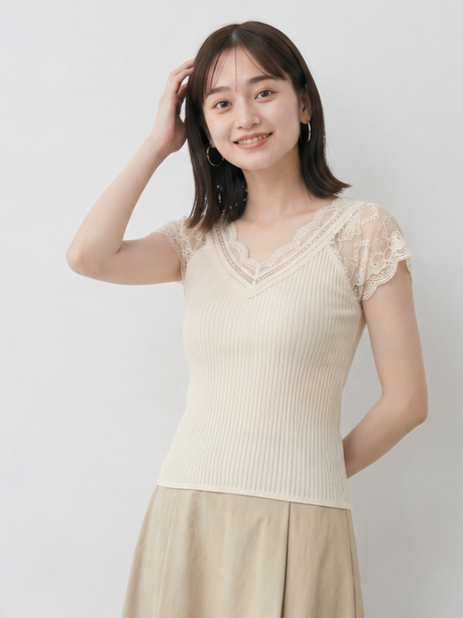 レースVネック 細リブ フィット 見せ肩 半袖Tシャツ
