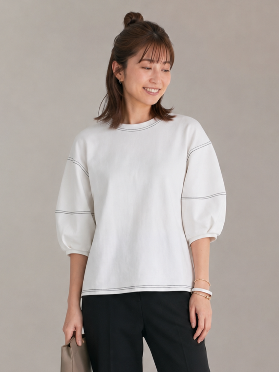 【全2色】M~XL 配色ステッチ パフスリーブスウェット