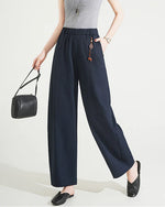 夏の薄手  ハイウエスト ゴムウエスト ビーズチャーム付きストラップ ワイドパンツ
