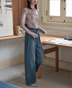 ハイウエスト ワイドシルエット デニムパンツ