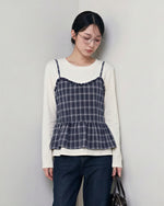 チェック柄キャミ重ね着風 フリルヘム レイヤード風 長袖Tシャツ