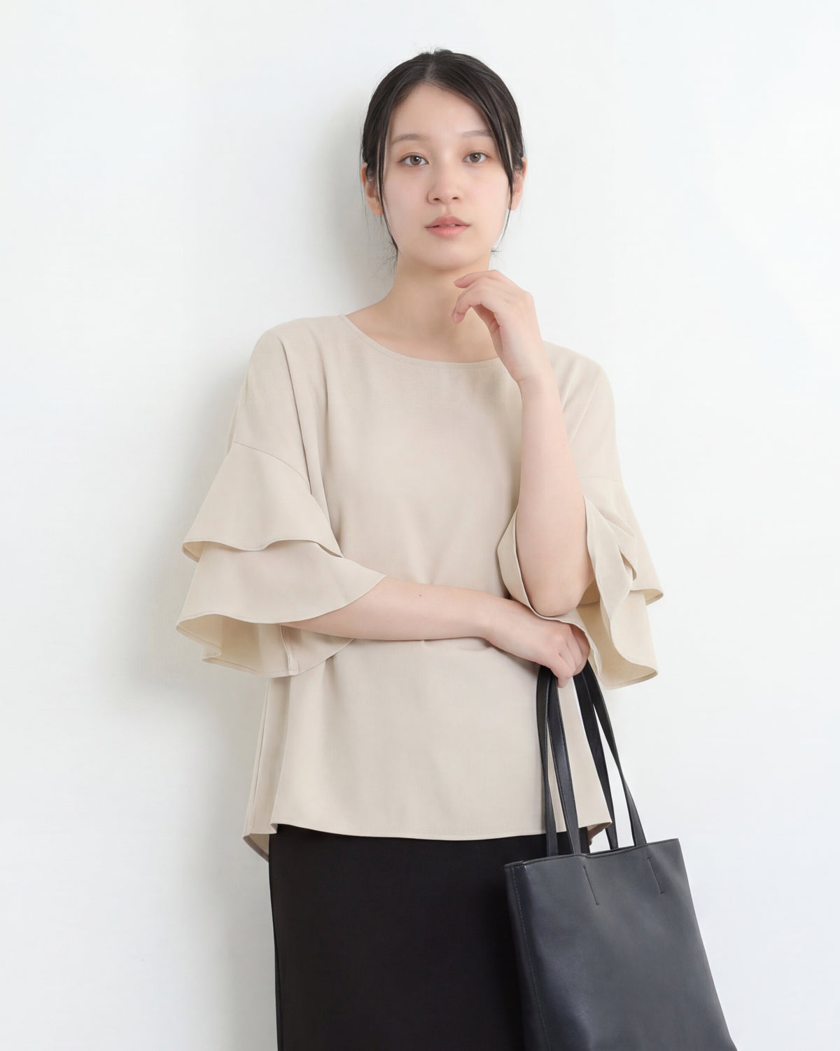 ダブルフリル袖 ゆったりクルーネックシャツ-ライトベージュ-L