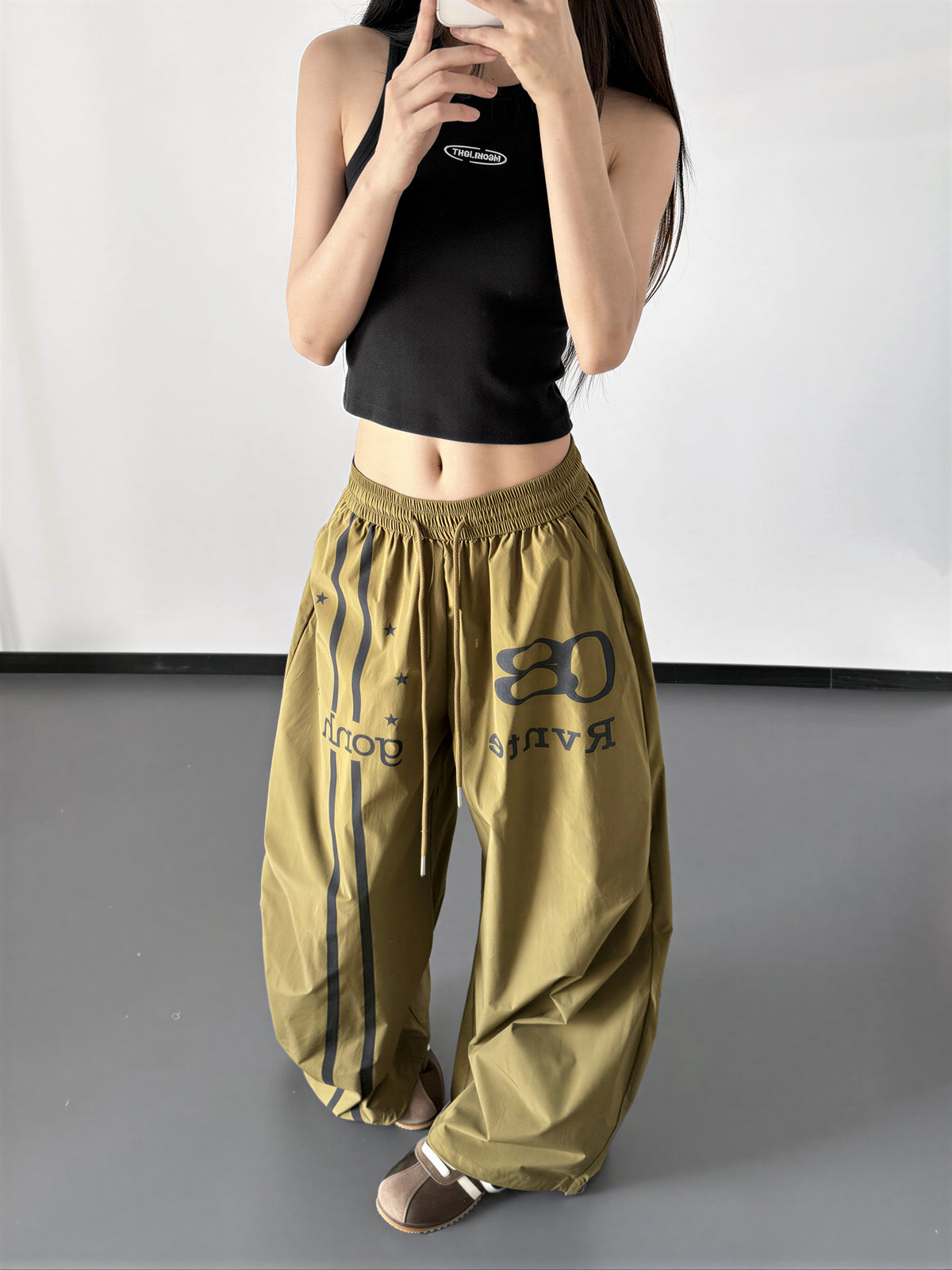 ドローストリング ハイウエスト ワイドシルエットパンツ