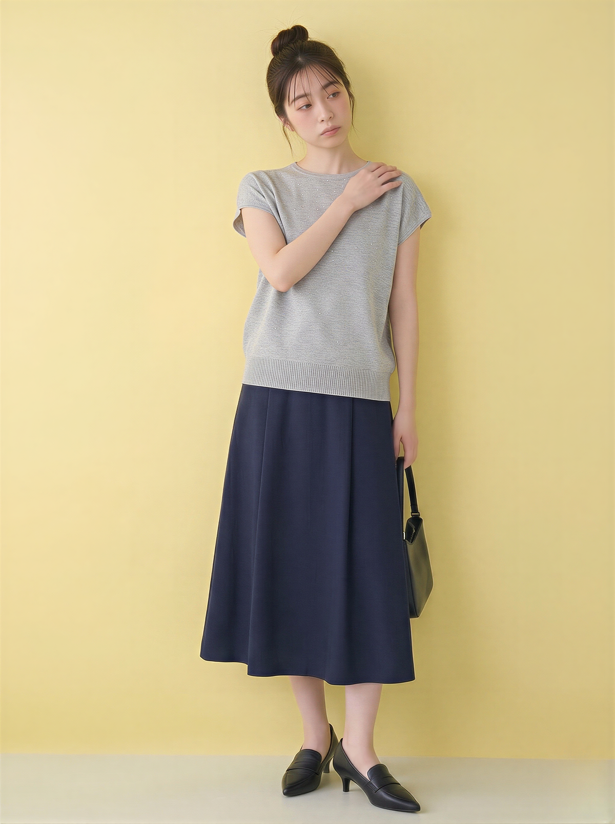 小さめラウンドネック ラメ調ジャカード ドルマンスリーブ ニット半袖Tシャツ