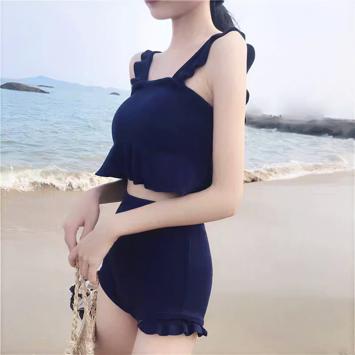 フリルストラップショート丈 セパレート2点セット水着（トップス＋ハイウエストボクサーショーツ）