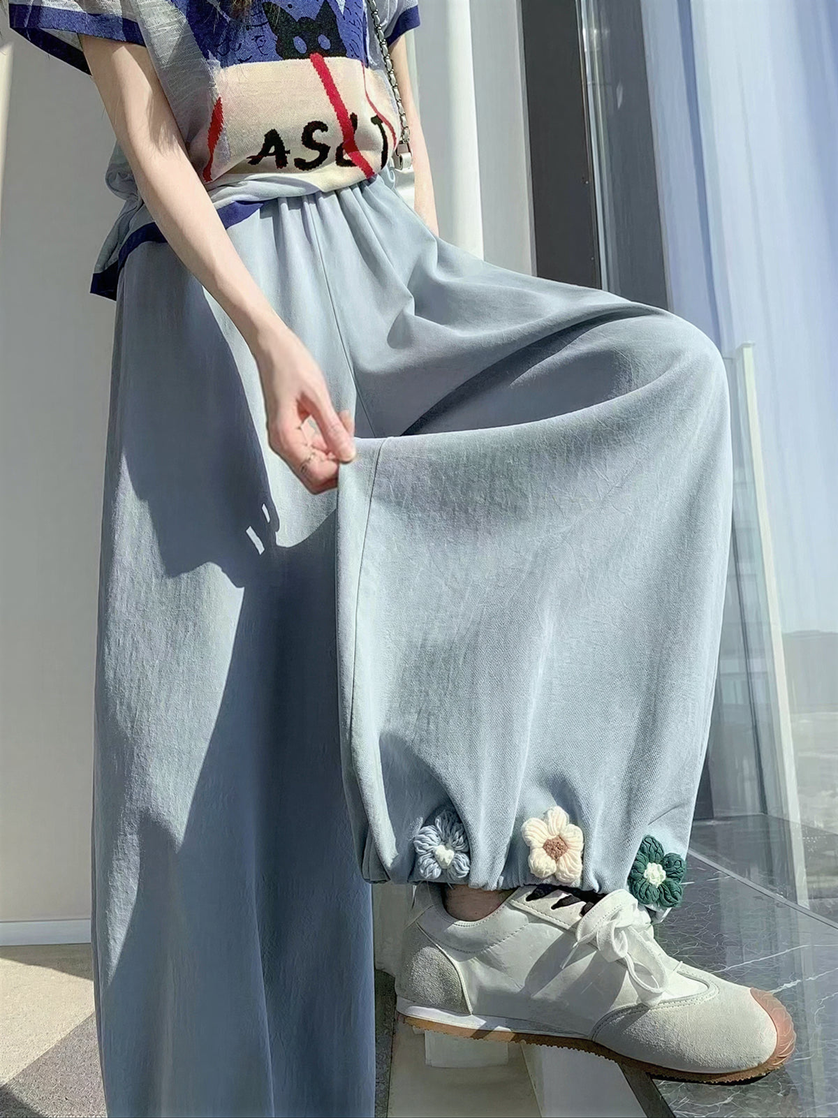 【全3色】M~3XL ウエストゴム ハイウエスト 刺繍バルーンパンツ