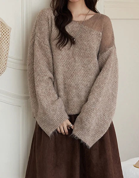 【秋新作】オフショルダー風 ルーズフィット シャギー感ニット