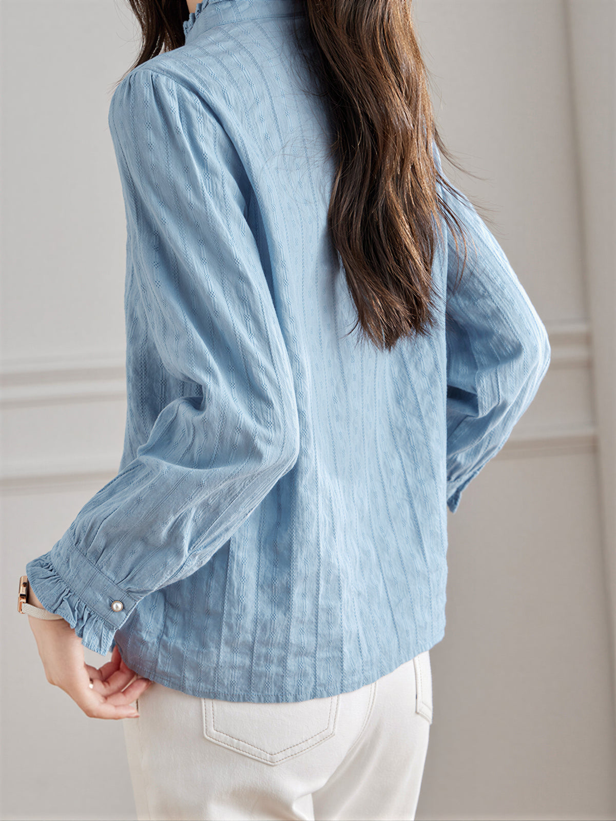フリルハイネック プリーツブラウス-サックス-2XL