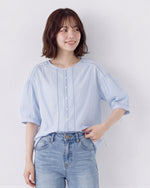 M-2XL ライトブルー プリーツ パフスリーブブラウス