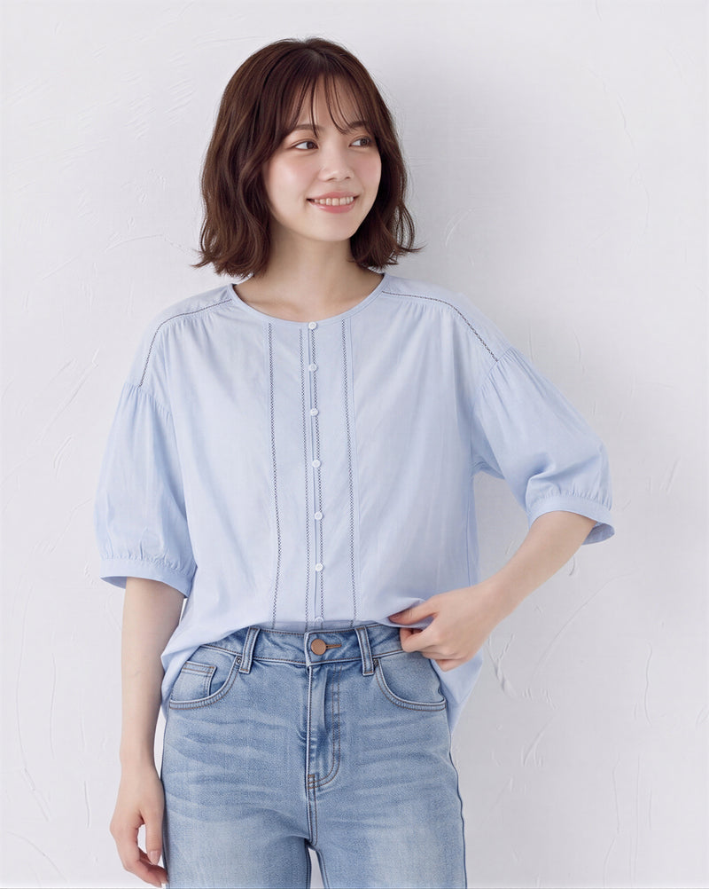M-2XL ライトブルー プリーツ パフスリーブブラウス