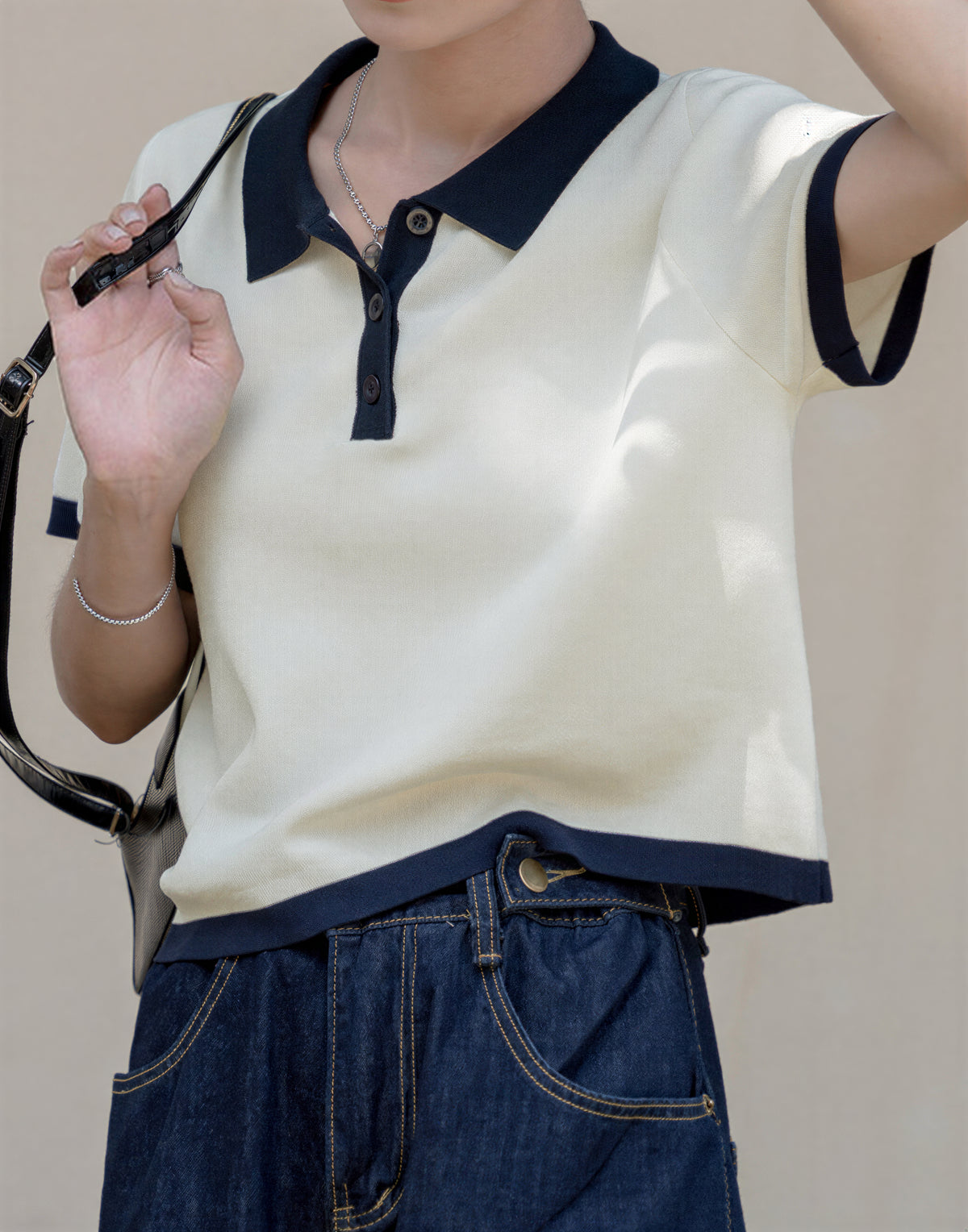 配色POLO襟ショート丈ニットトップス