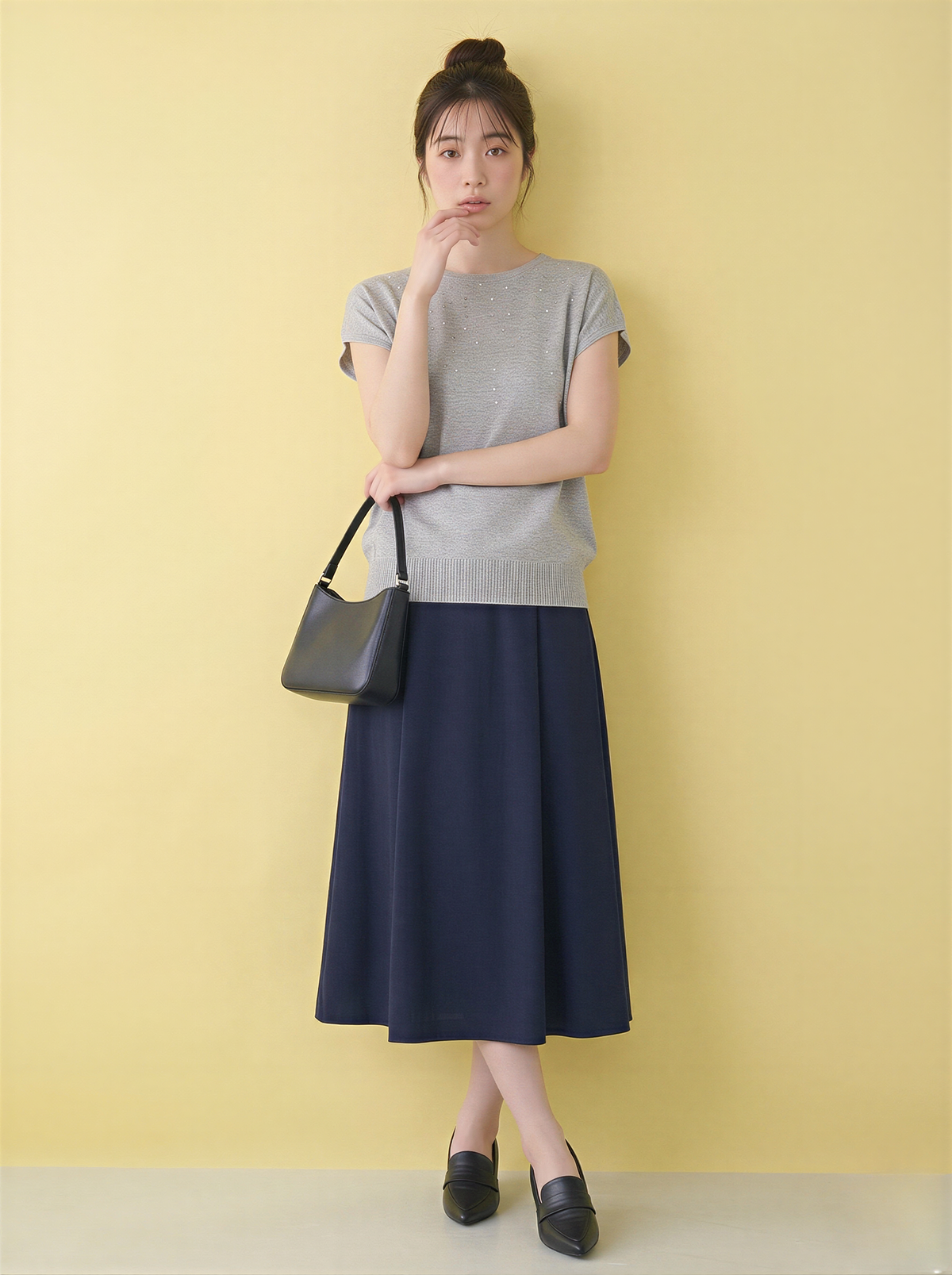 小さめラウンドネック ラメ調ジャカード ドルマンスリーブ ニット半袖Tシャツ