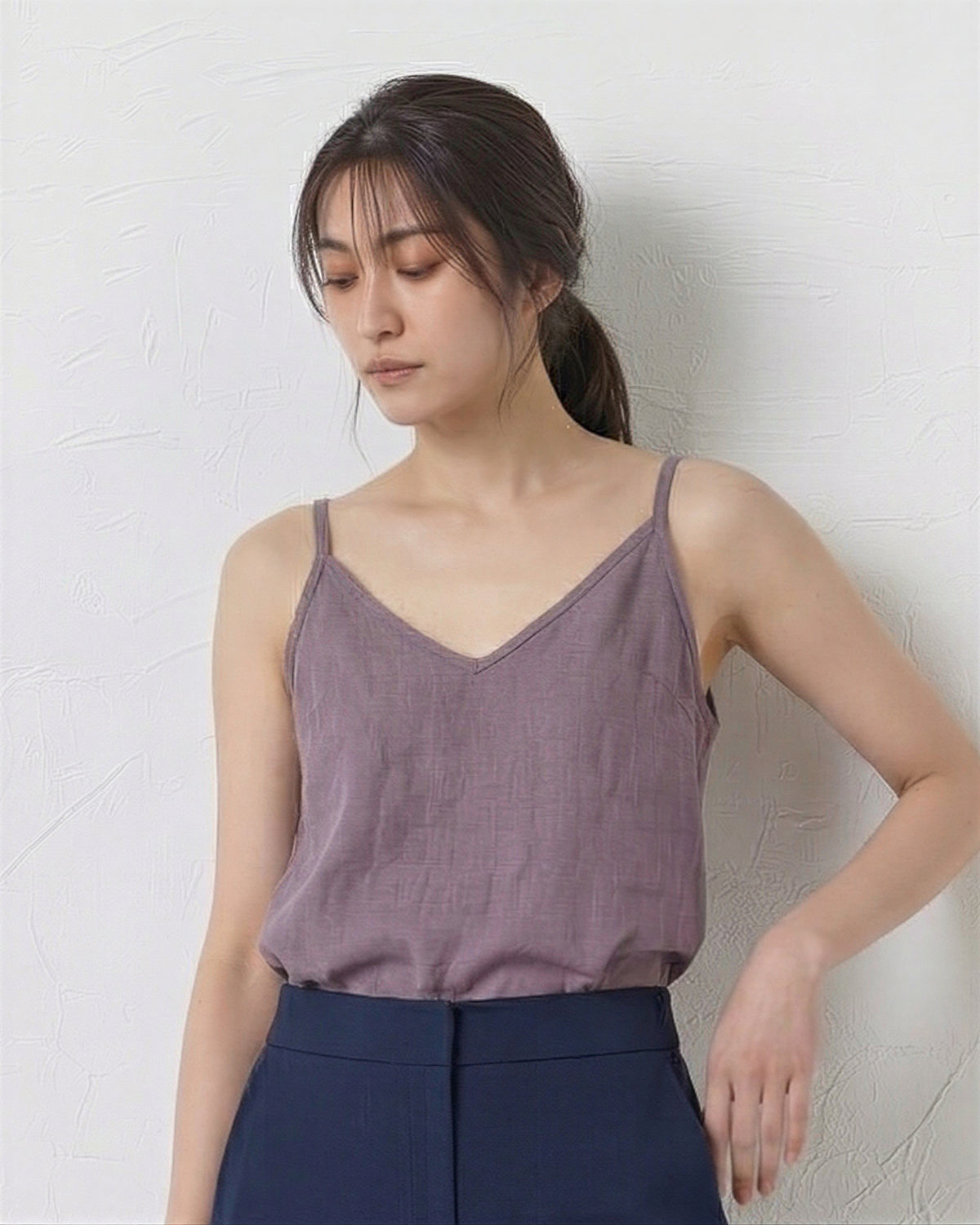 Vネック 華奢ストラップ ゆったりキャミソール-ライトパープル-2XL
