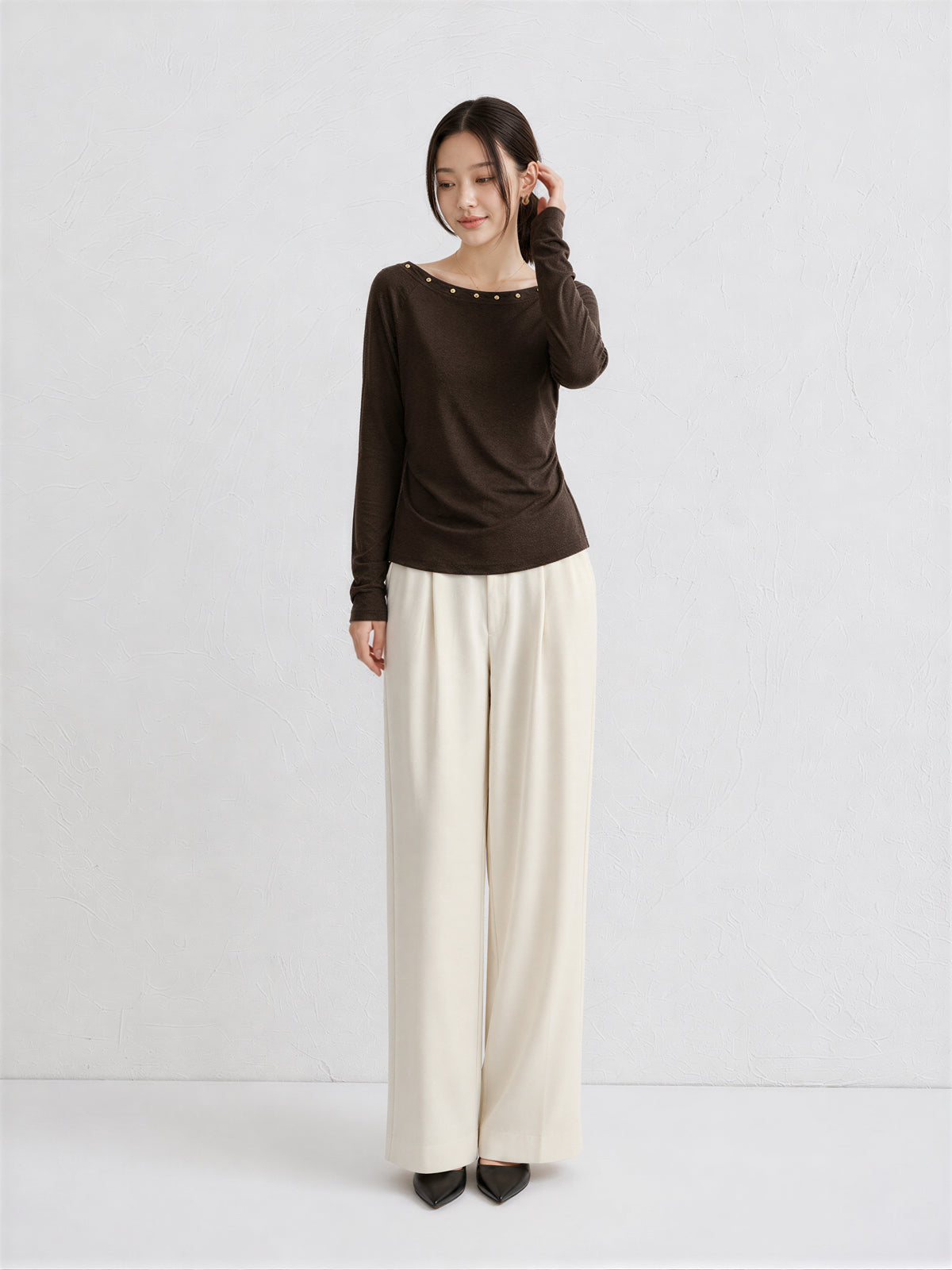 M~4XL ビーズ付きボートネック スリムTシャツ