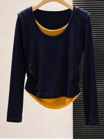 S~XL レイヤード風 クルーネック スリムフィット フェイクツーピース 長袖Tシャツ