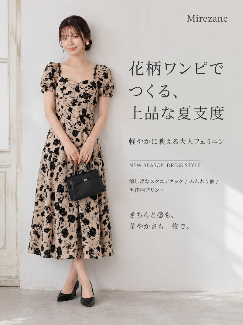 スクエアネック パフスリーブ ウエストマーク 小花柄ワンピース